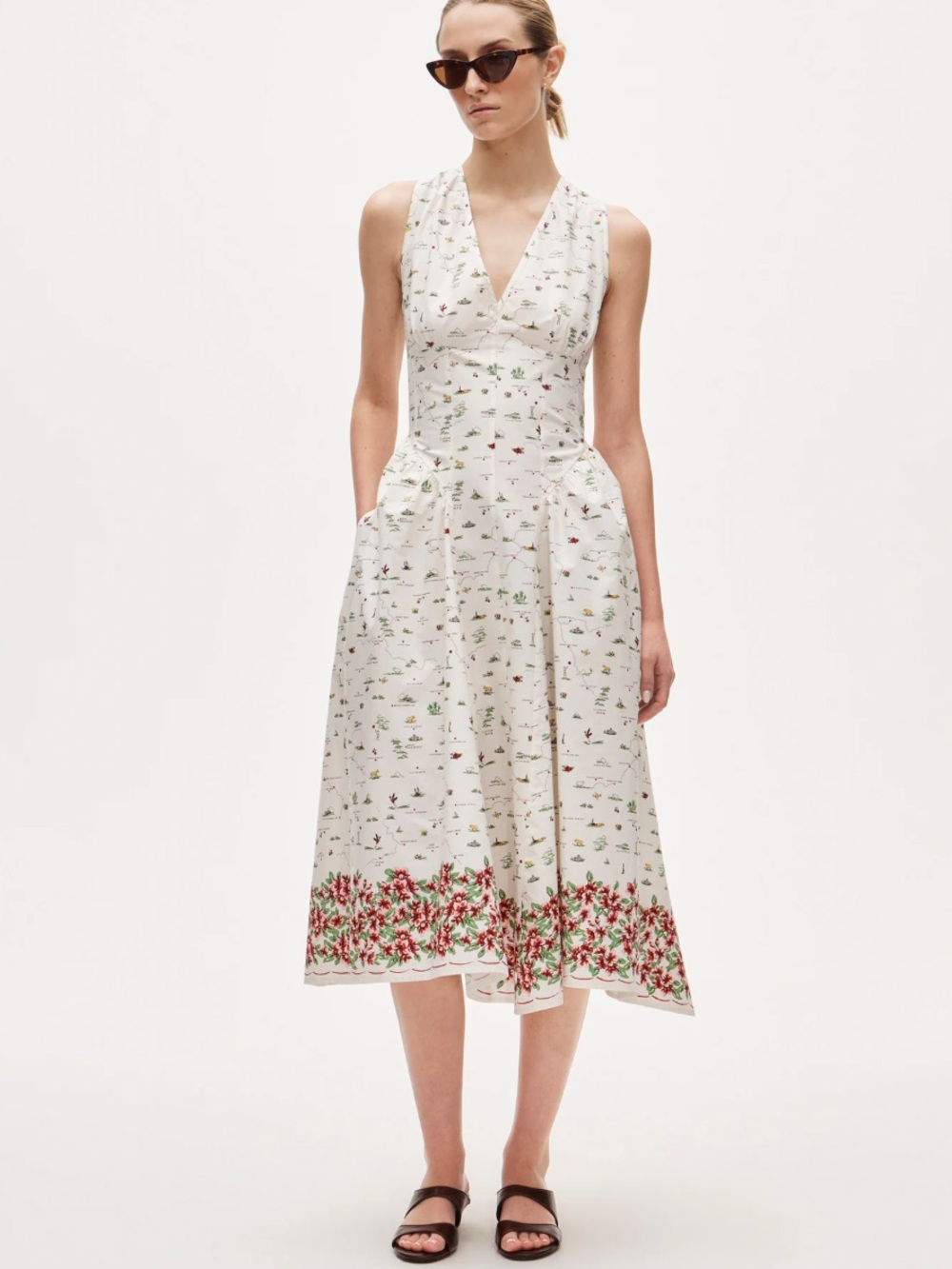 J. Crew White Sleeveless V-Neck Midi Dress with Floral Hem